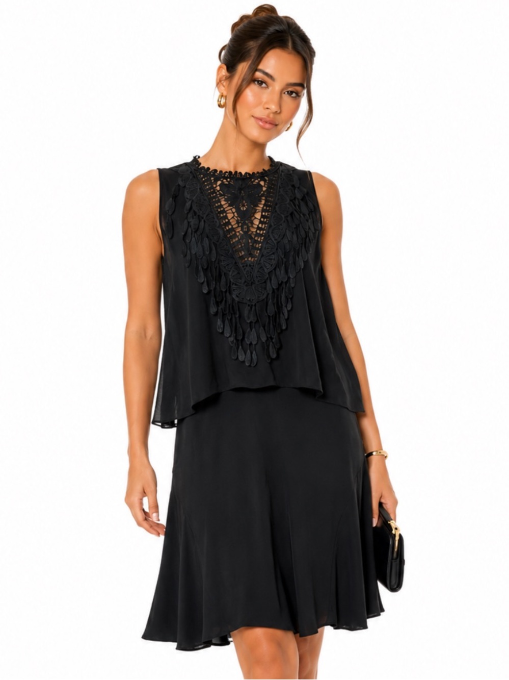 KOBI HALPERIN Black Crochet-Trim Black Tie Evening Sleeveless Dress